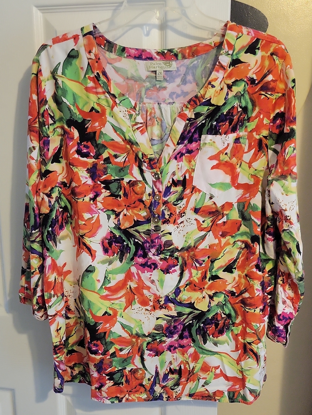 Palm Harbour Sz2X Floral 3/4 Button-Front Pullover Tunic in Multicolor print